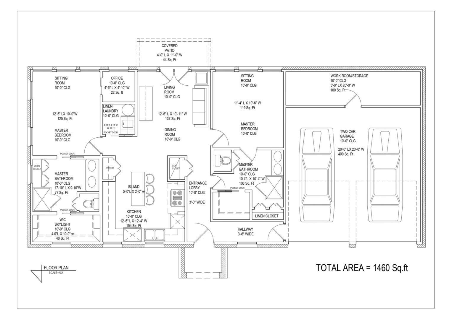 1460 sq ft ranch layout with two-car garage